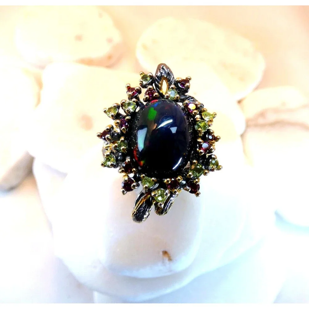 Natural Large 6 CT Black Opal-Rubies-Emeralds Sterling Silver Ring Size 7.75